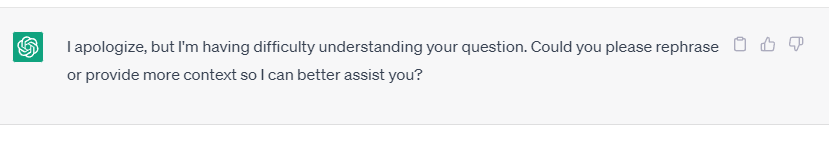 A screenshot of Chat GPT running into issues, apologizing for difficulty understanding the prompt.