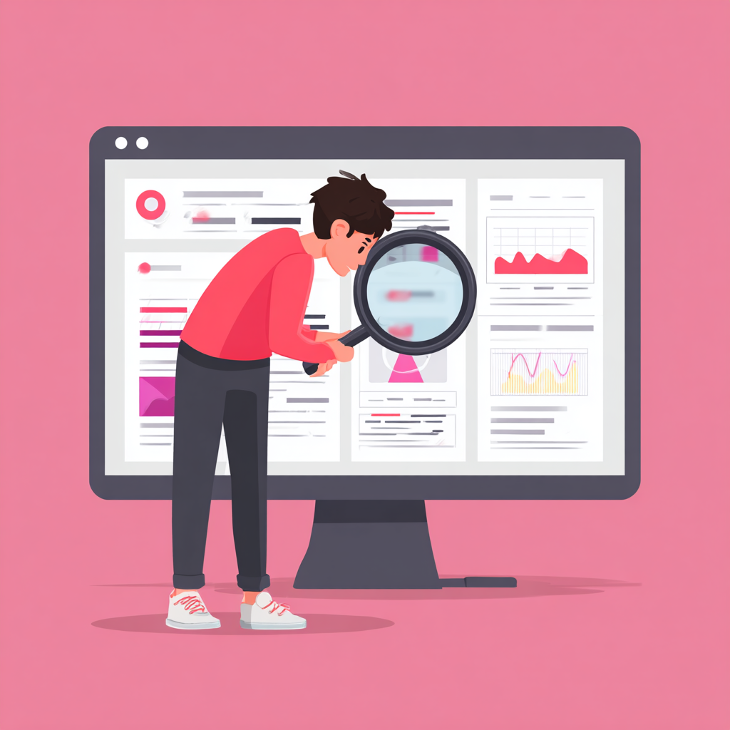 An AI-generated image of a person inspecting a web interface with a magnifying glass.