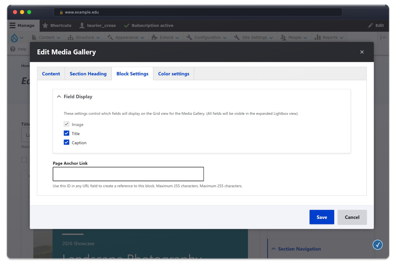 The site builder media gallery edit interface on HarvardSites Drupal.