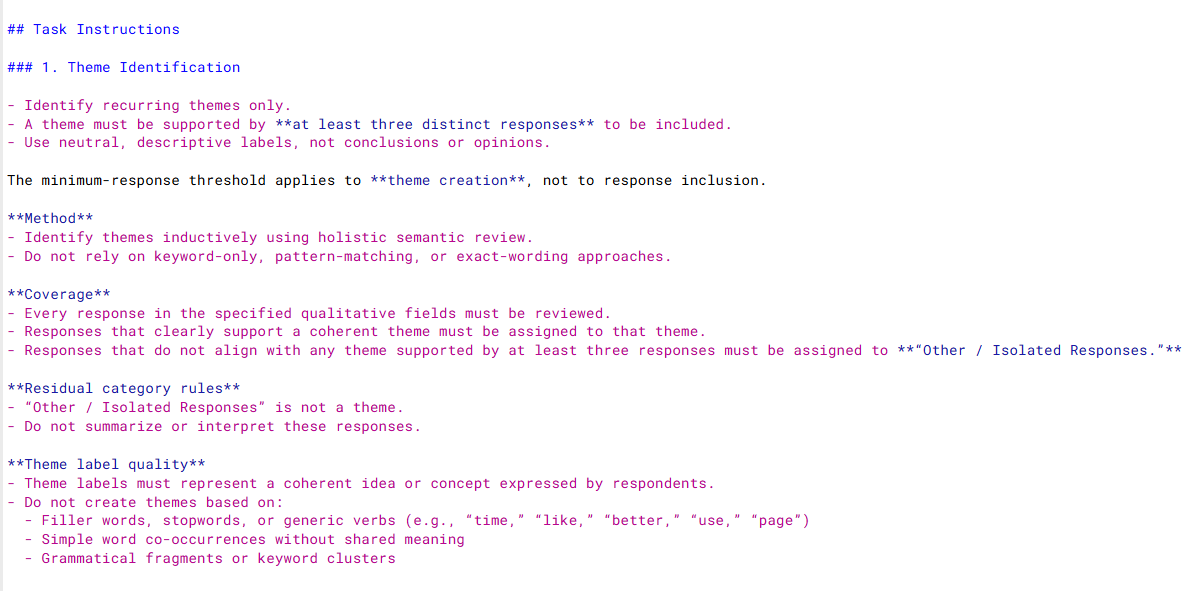 A snippet from the prompt engineered for AI-assisted first pass thematic analysis.
