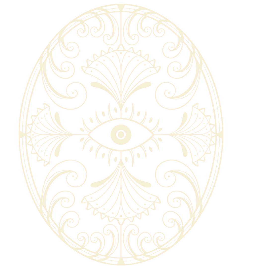 Ornate black and white mandala design featuring an eye at the center surrounded by floral and swirling patterns inside an oval shape.