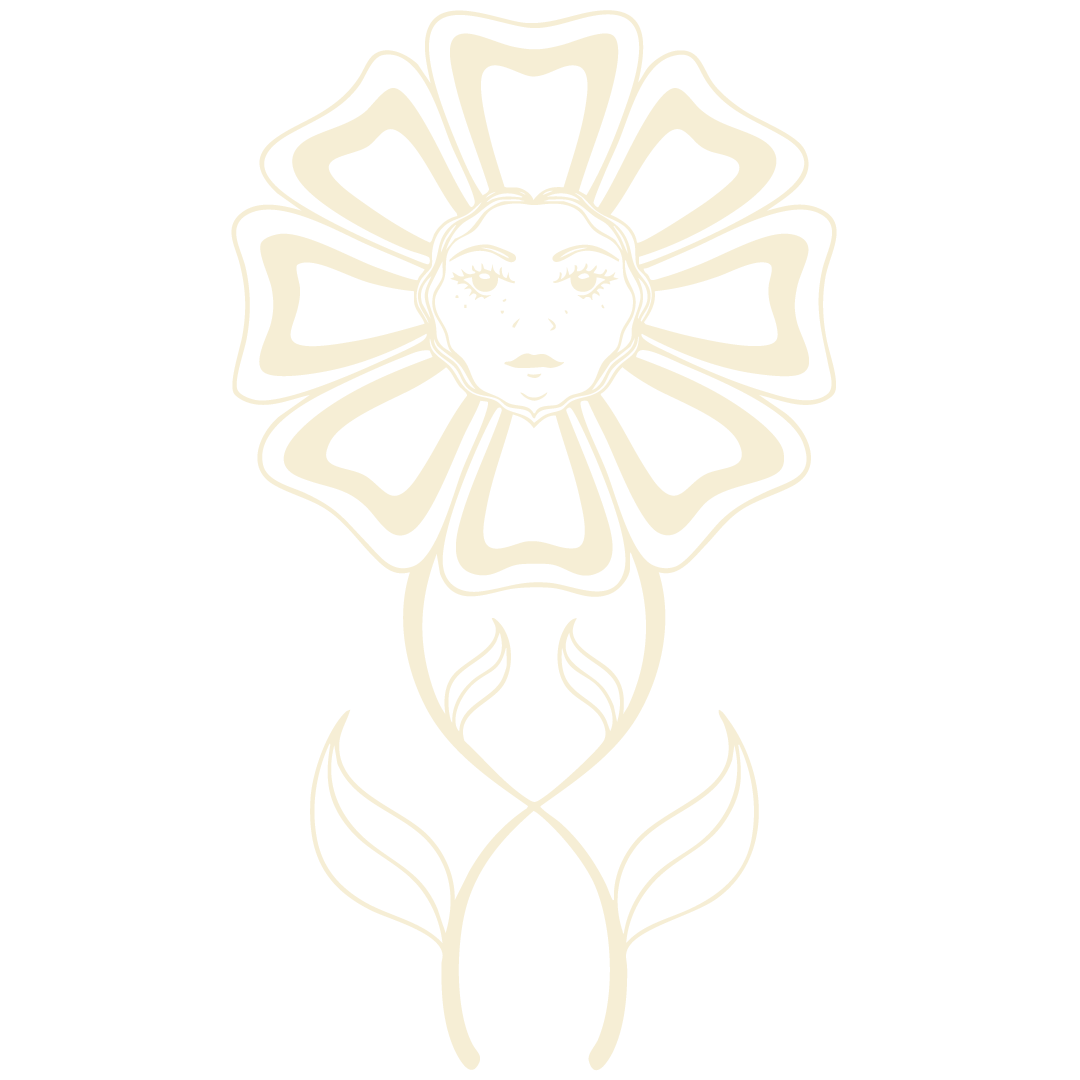 A stylized black and white floral design with a woman's face at the center, surrounded by petal-like shapes and leaves.