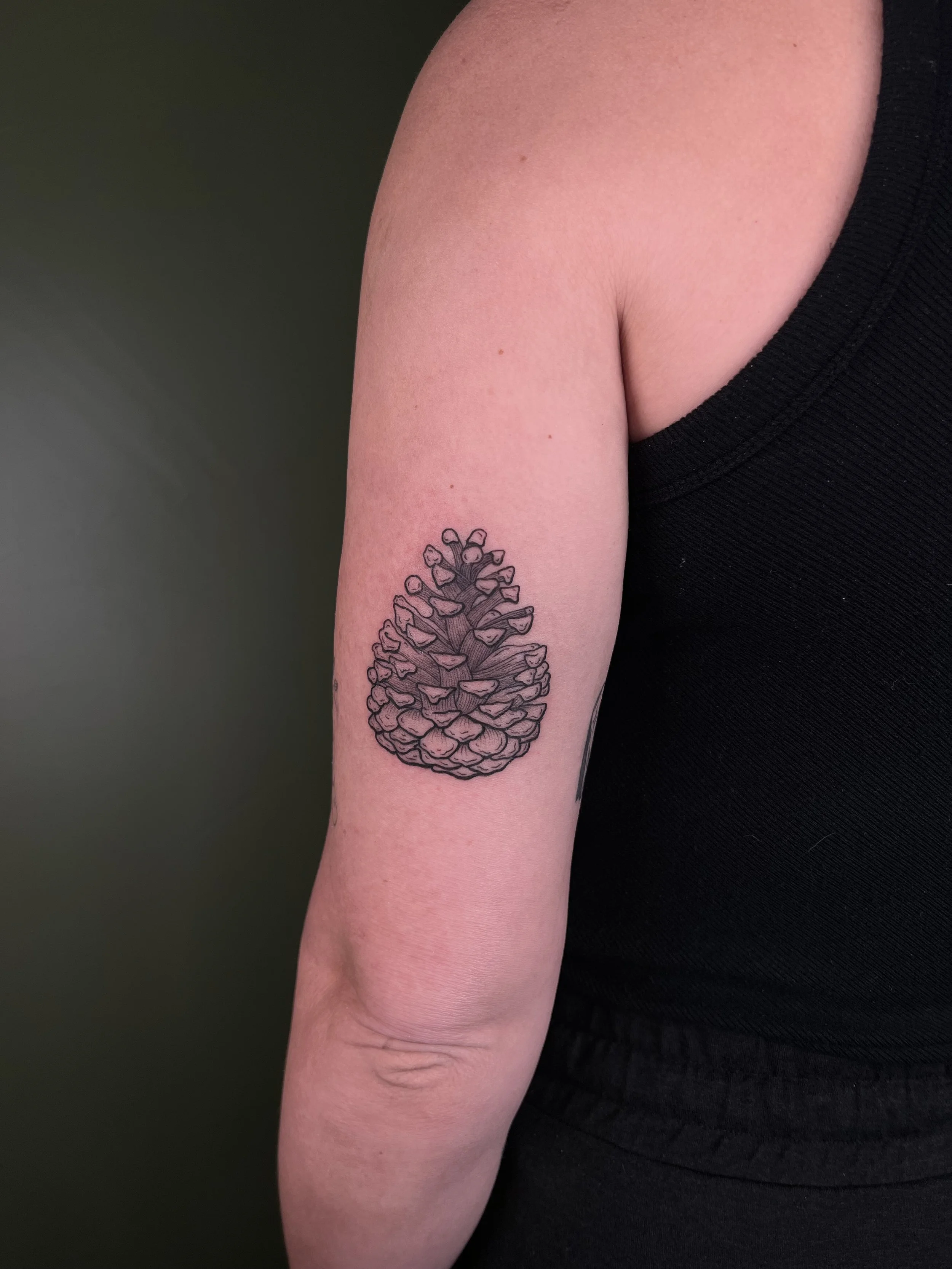 Tattoo of a pine cone on upper arm of a person wearing a black sleeveless shirt.