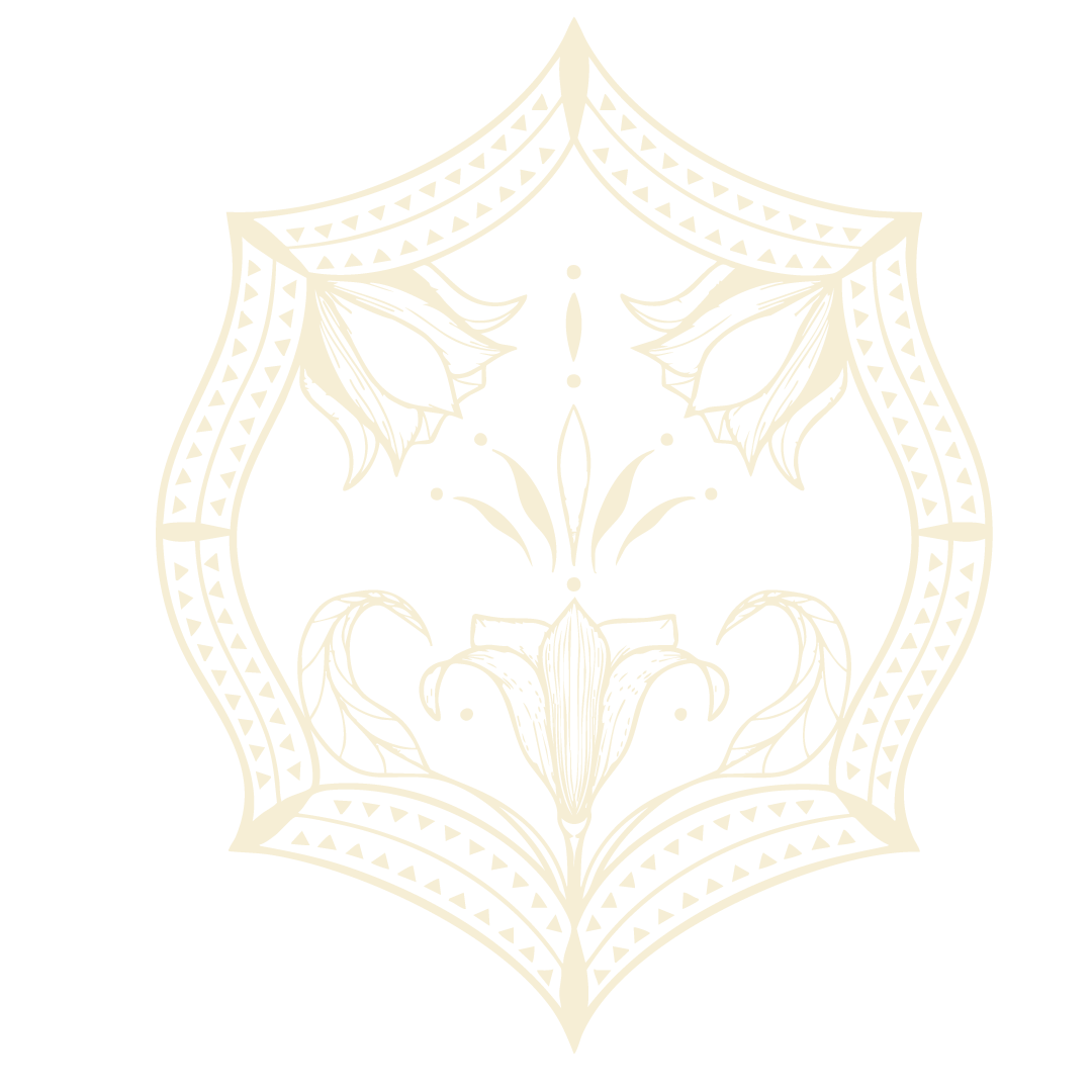 Intricate black and white floral tattoo design with symmetrical botanical elements and decorative borders.