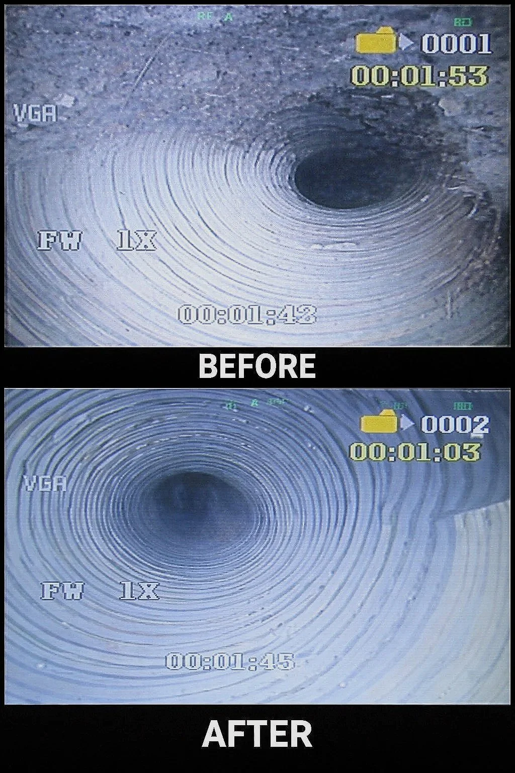 Comparison of a dirty pipe interior in the top image labeled as "BEFORE" and a cleaned pipe interior in the bottom image labeled as "AFTER."