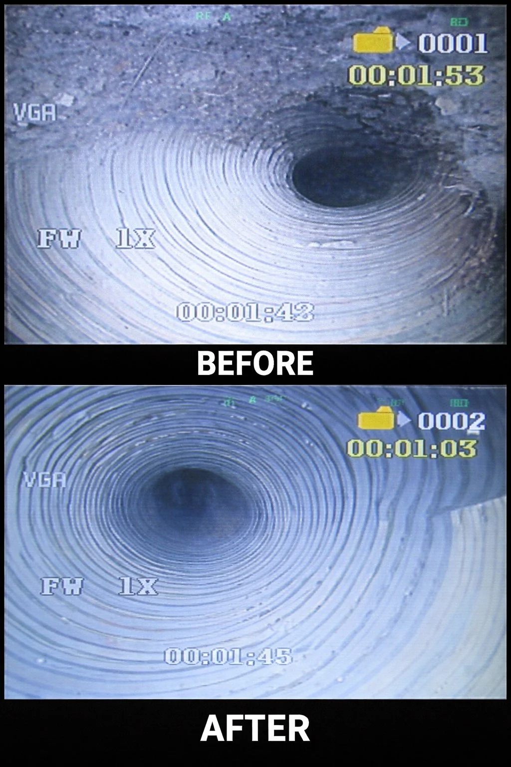 Comparison of a pipe interior before and after cleaning. The 'before' shows a dirty lint filled vent pipe,while the 'after' displays a clean, smooth pipe with shiny interior surfaces.