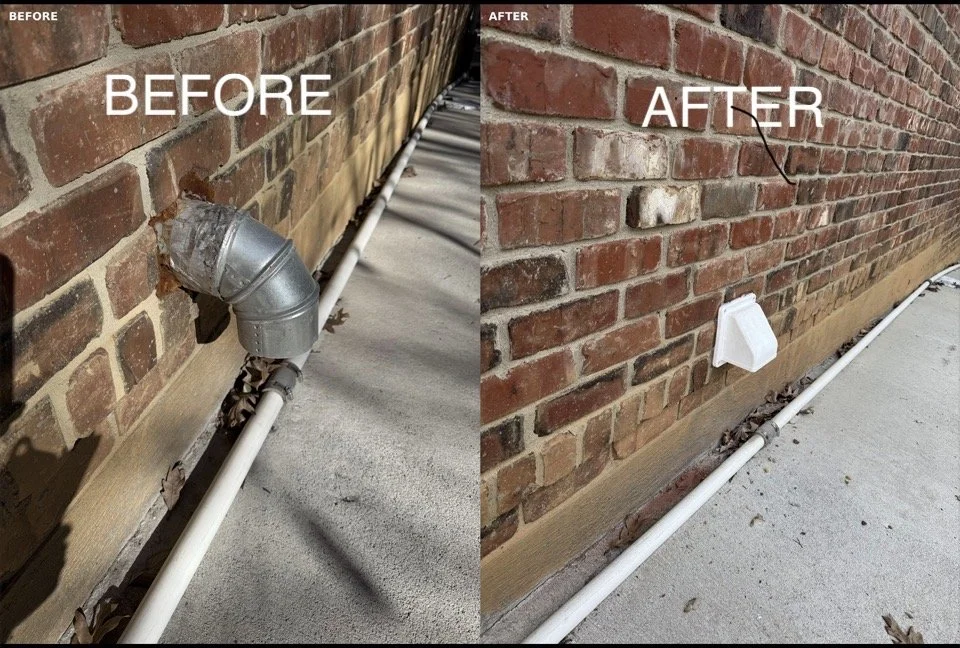 Side-by-side comparison of a dryer vent terminations. The 'Before' shows an elbow with openings for wildlife into the customers home, while the 'After' shows the new vent termination to meet local code. 