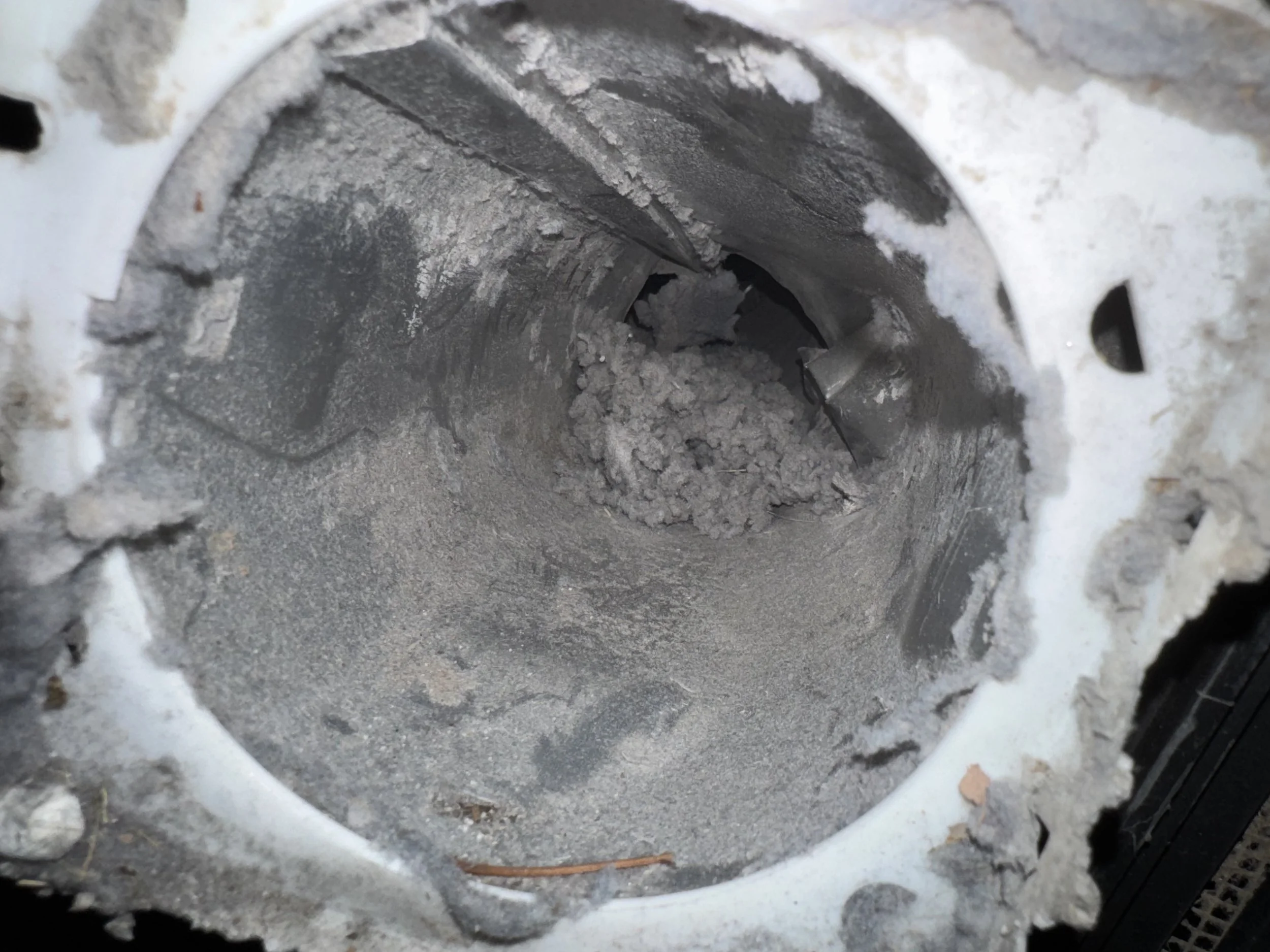 Lint build up at the termination of a dryer vent.