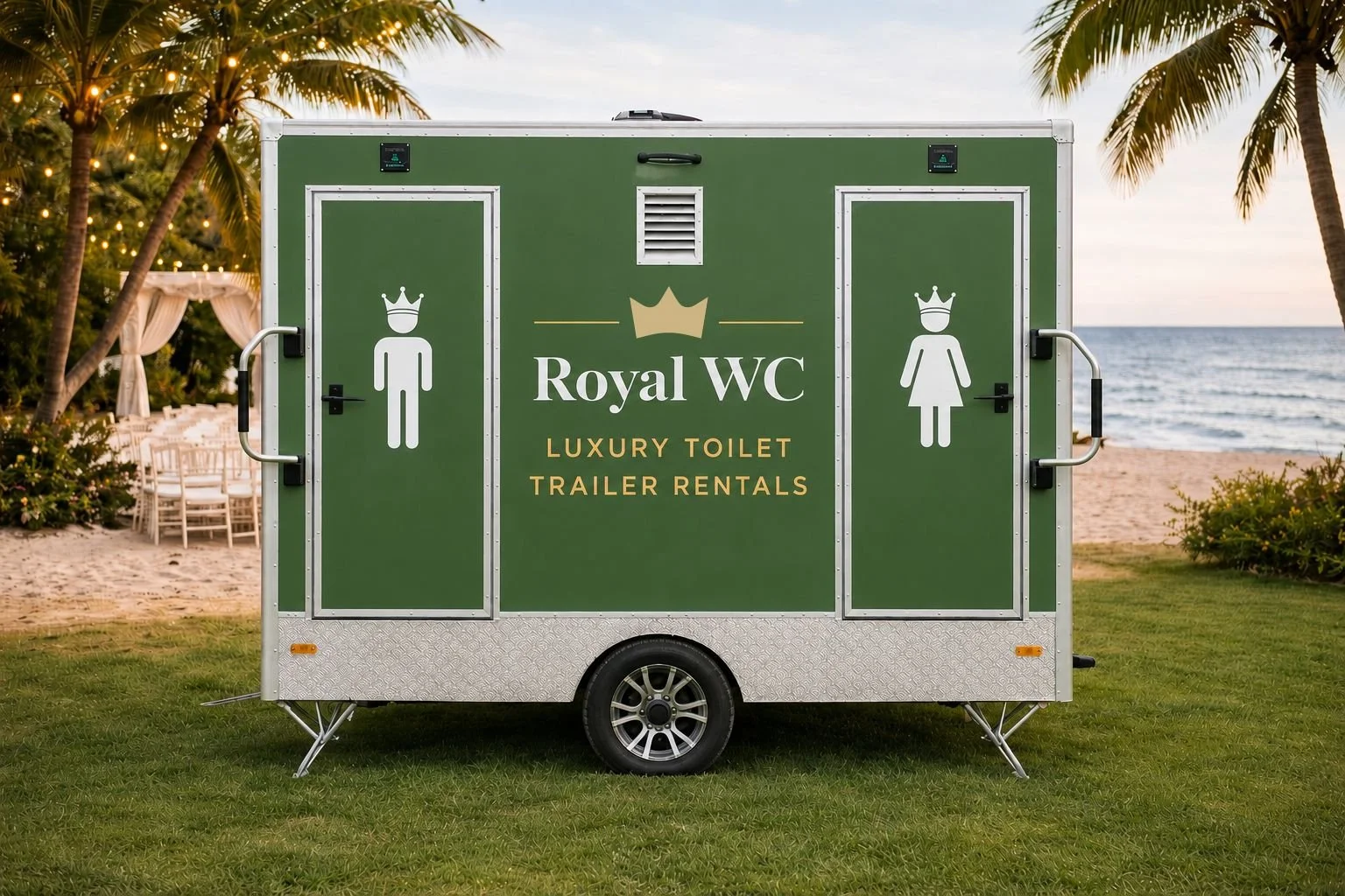 A green trailer labeled "Royal WC Luxury Toilet Trailer Rentals" with male and female restroom icons, set on a grassy area near the beach with palm trees and outdoor dining furniture in the background.