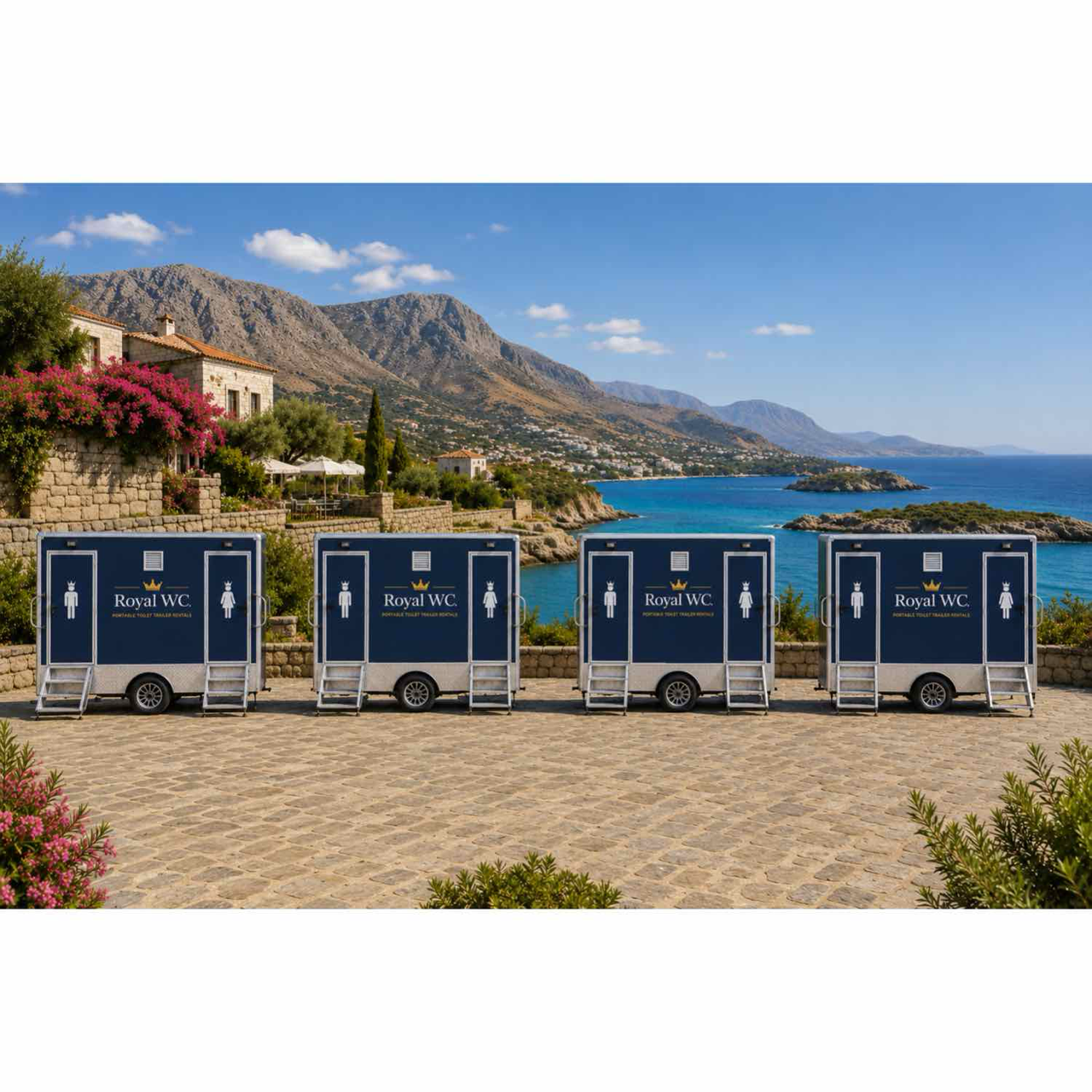 Fleet of Royal WC Estate Collection luxury toilet trailers for weddings and private events in Crete Greece. Blue exterior restroom trailers with premium copper interiors with flushing toilets, running water and air conditioning.