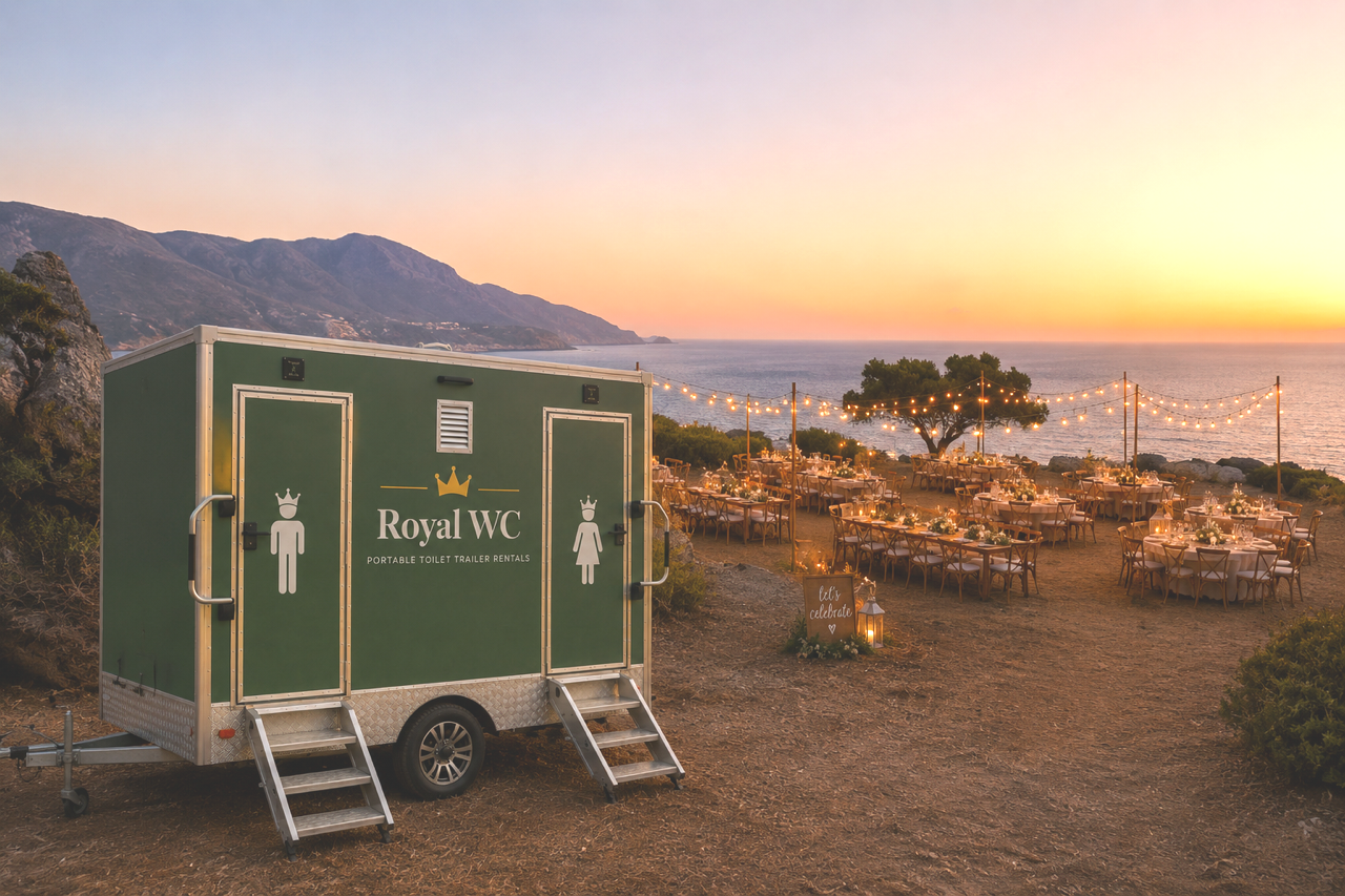Royal WC toilet trailer rentals in Chania, Heraklion, Rethymno, Elounda and all of Crete for weddings and events. Toilet trailers have running water, foot flushing toilets, climate control, full length mirrors and premium fixtures. 