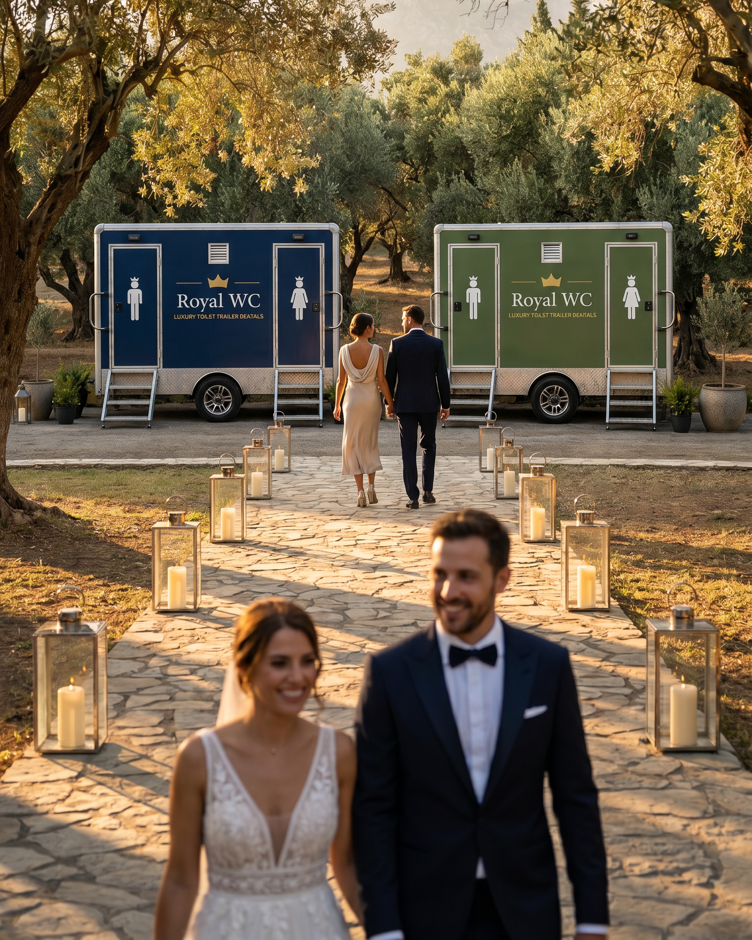 A wedding couple walking towards portable restrooms labeled 'Royal WC' on a stone pathway lined with candle lanterns, surrounded by trees in a scenic outdoor setting during sunset.