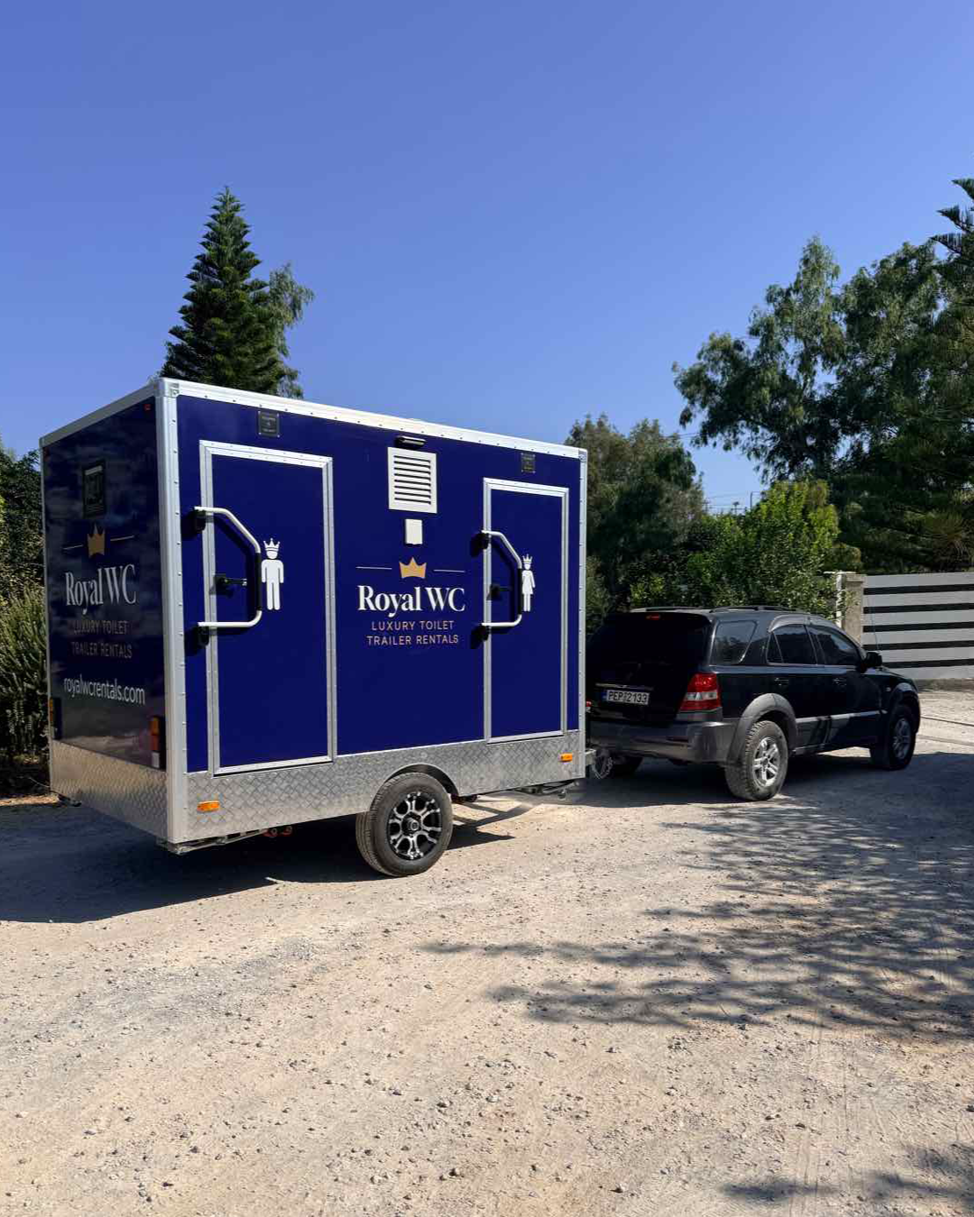 Royal WC trailer being taken on the road for an event in Crete, Greece