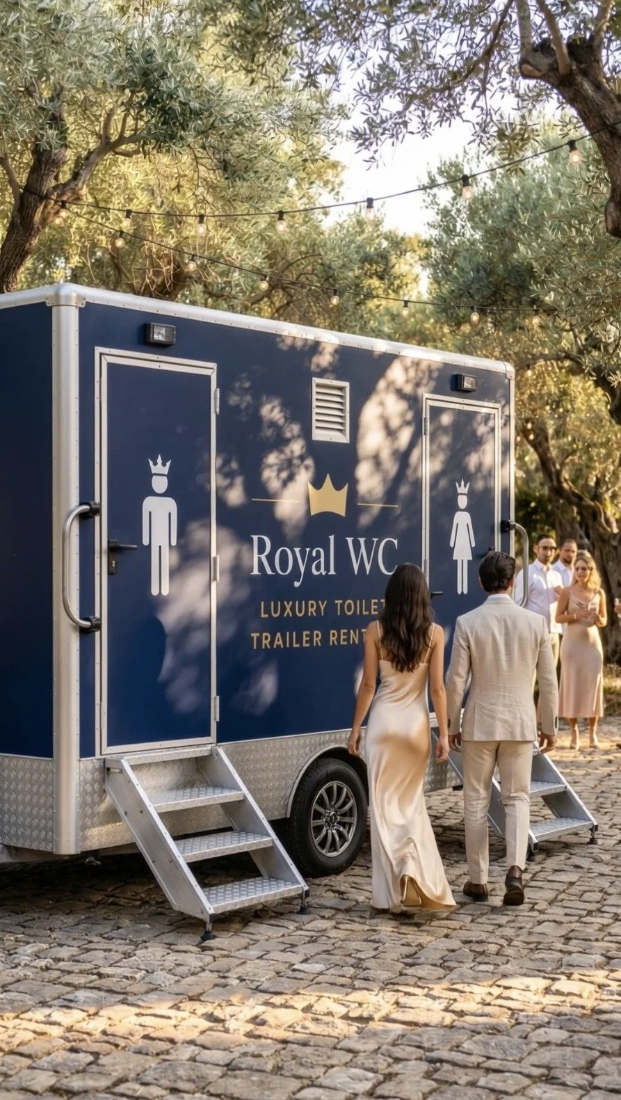 Luxury toilet trailer rentals for weddings and events in Heraklion, Crete Greece. Blue exterior restroom trailer and copper interior with air conditioning, flushing toilets, running water and full length mirrors. 
