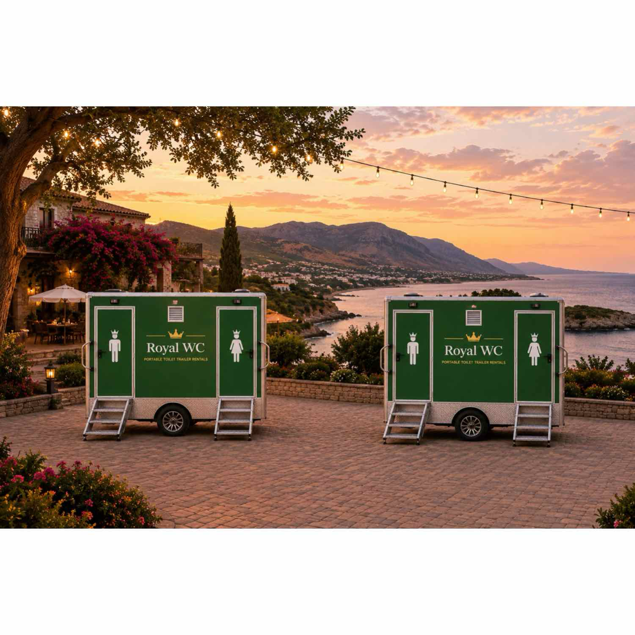 Royal WC toilet trailers in The Olive Collection with premium white interiors. Chania, Herkalion, Rethymno, Elounda, Agios Nikolaos and servicing all  of Crete Greece.