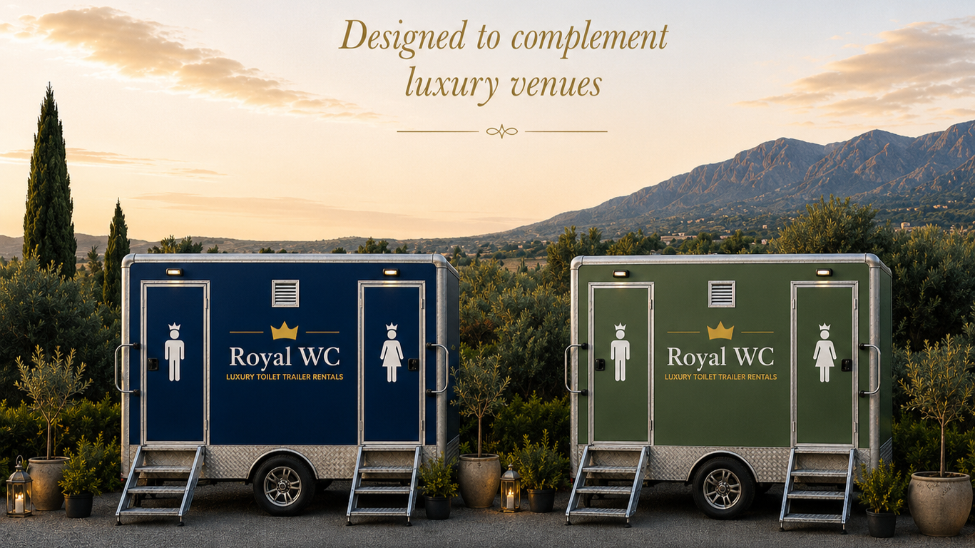 Two portable luxury toilet trailers, one navy blue and one green, labeled 'Royal WC,' with signs indicating male and female restrooms, set outdoors at sunset with potted plants and lanterns around them, mountains in the background, and the text 'Designed to complement luxury venues' at the top.