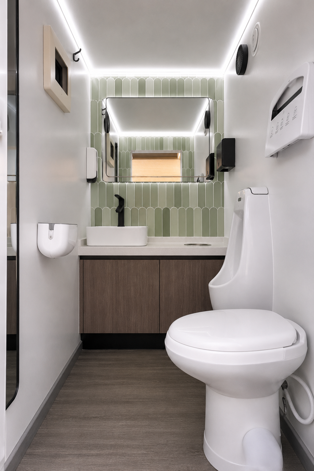 Modern bathroom toilet trailer interior with a white toilet, a sink, a mirror, and a wood vanity, with green tile accents and black and white accessories.