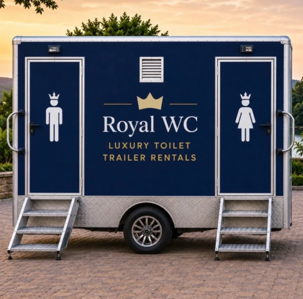 A luxury portable bathroom trailer labeled "Royal WC" with accessible stairs on both sides, featuring male and female icons, a crown logo, and the words "Luxury Toilet Trailer Rentals" against a natural outdoor background.