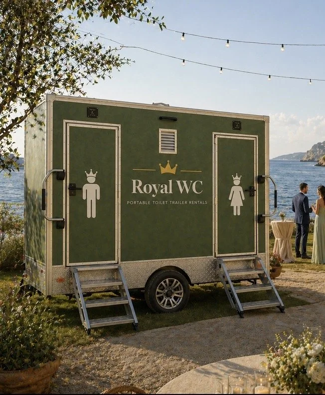 Royal WC luxury toilet trailer rental, servicing Chania, Heraklion, Rethymno, Elounda and all of Crete. Toilet trailers have air conditioning, running water, foot flushing toilets, full length mirrors and premium fixtures. 