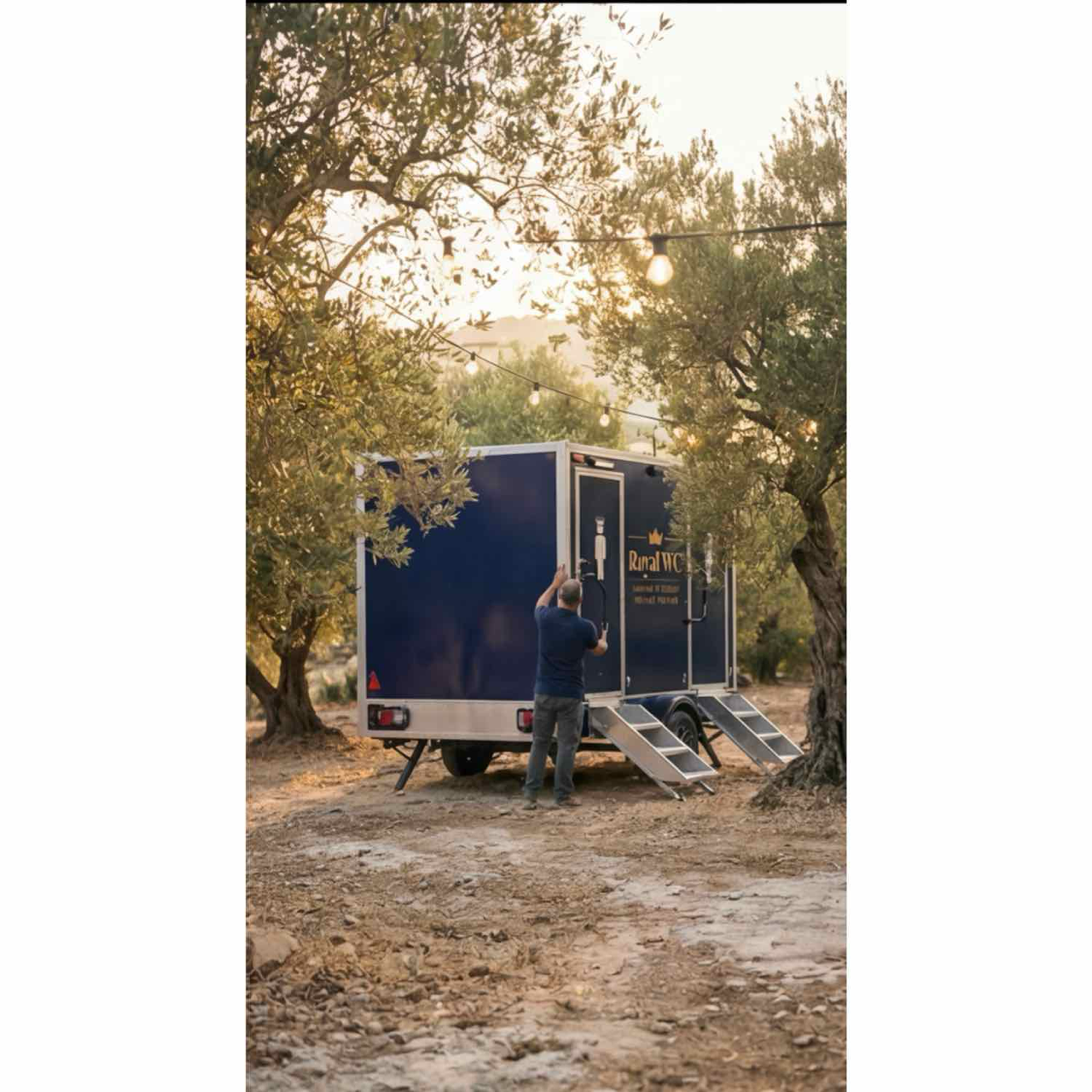 Royal WC setting up a toilet trailer at an olive grove venue for a wedding in Rethymno. Luxury toilet trailer rentals in Crete.