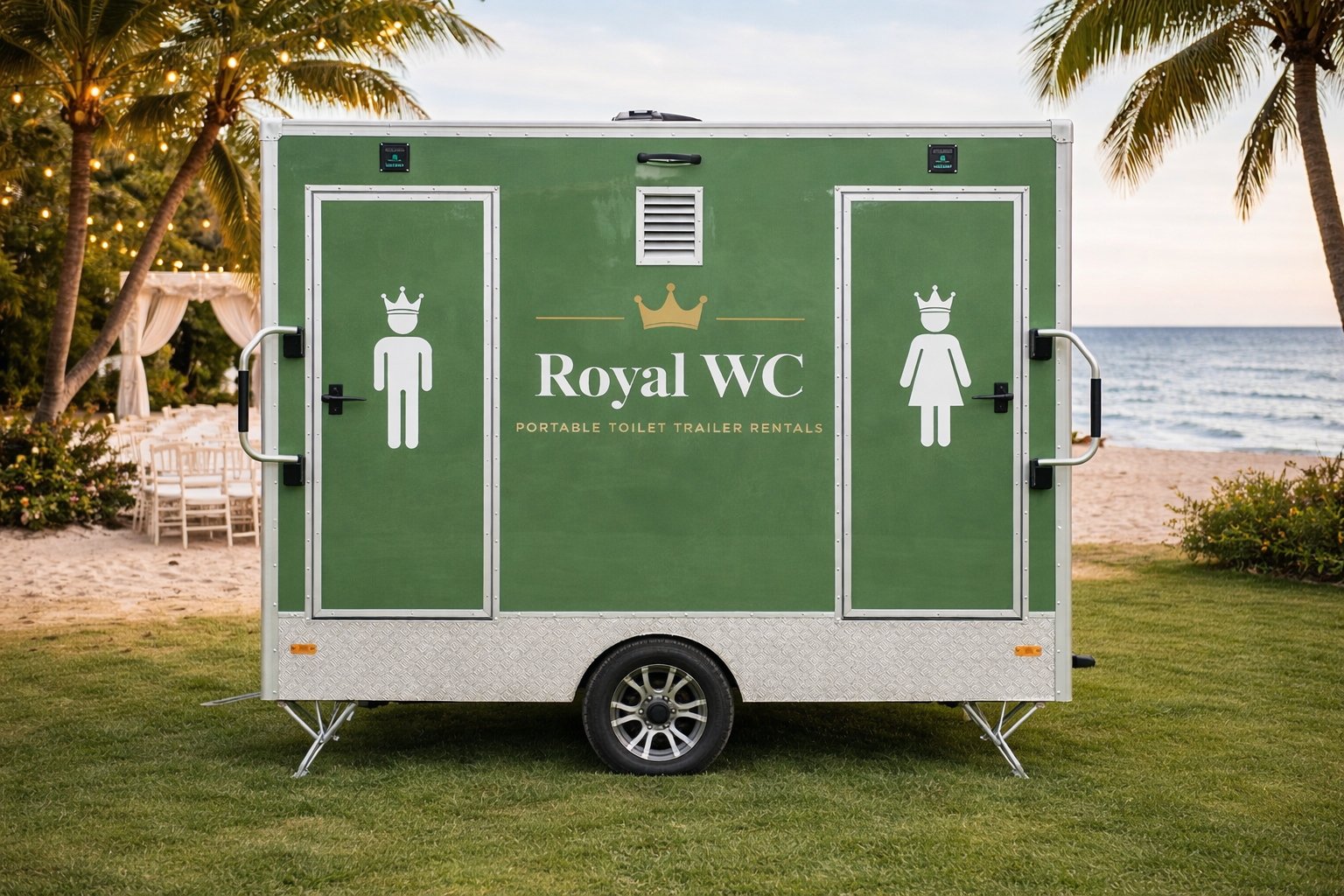 Luxury portable toilet trailers for weddings and events in Greece