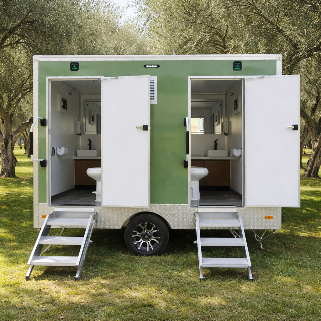 Portable toilet trailer rentals for weddings and events in Crete Greece with climate control, running water, fully autonomous