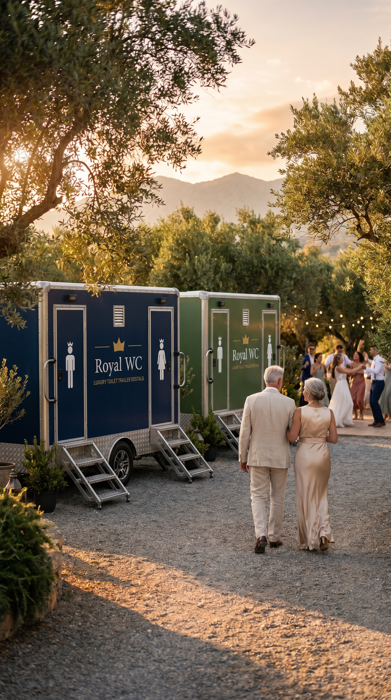 Royal WC luxury toilet trailer for weddings and private events in Chania, Greece. Designed to blend in at villas and outdoor venues with air conditioning, flushing toilets, running water and full length mirrors. Elegant interiors.