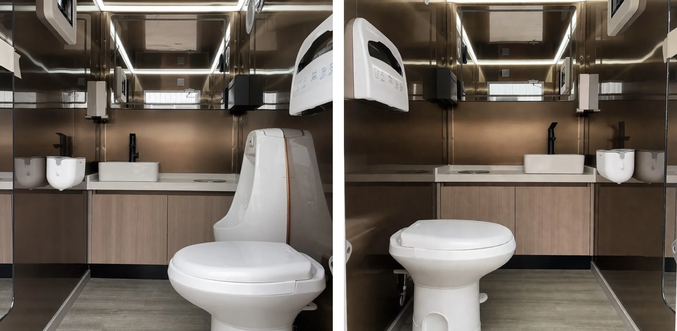 Interior mens and womens bathroom facilites for portable toilet trailers Royal WC