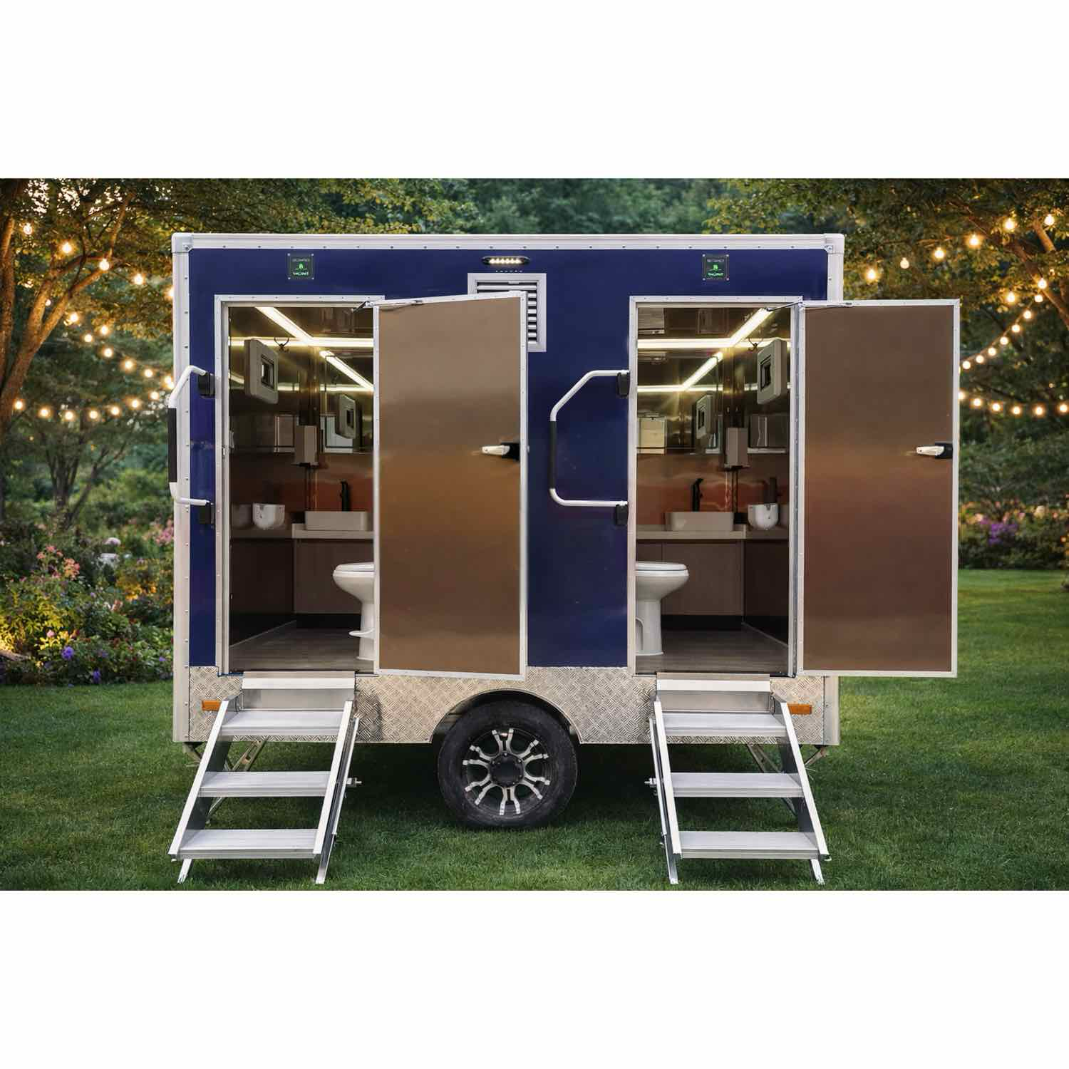 Copper interior luxury toilet trailer rental in Crete Greece with flushing toilets, vanity, air conditioning and elegant restroom designs for weddings and events.