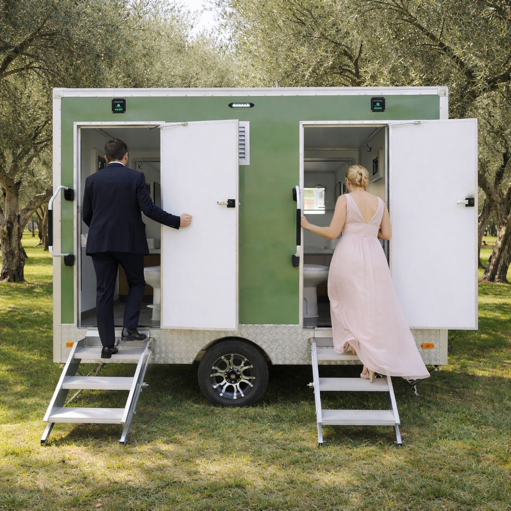 Portable toilets for weddings and events in Crete with climate control, running water, bluetooth music