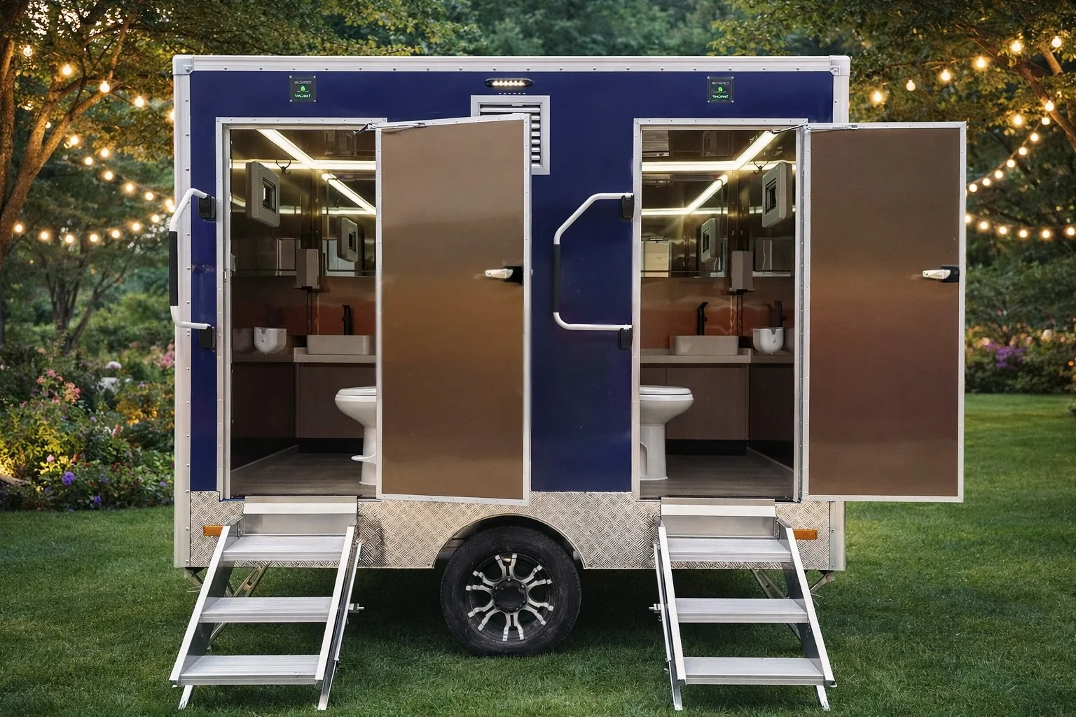 Royal WC luxury toilet trailer for weddings and private events in Crete Greece. Blue exterior restroom trailers with premium copper interior. Flushing toilets, running water and air conditioning.