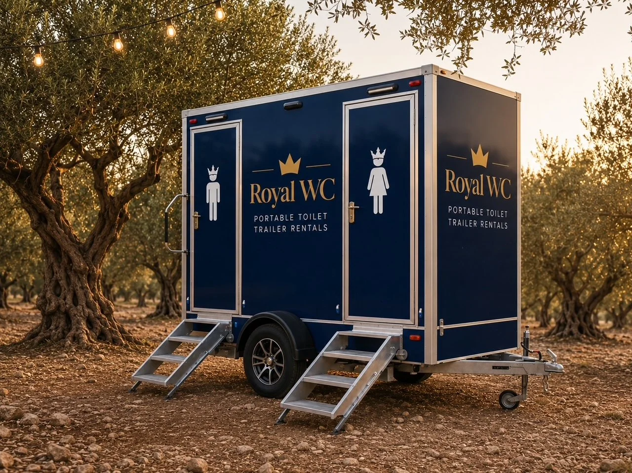 The Estate Collection from Royal WC luxury toilet trailer rentals at and olive grove. Servicing Chania, Heraklion, Rethymno and Elounda. Toilet trailers have air conditioning, running water, foot flushing toilets, full length mirrors and premium fixt
