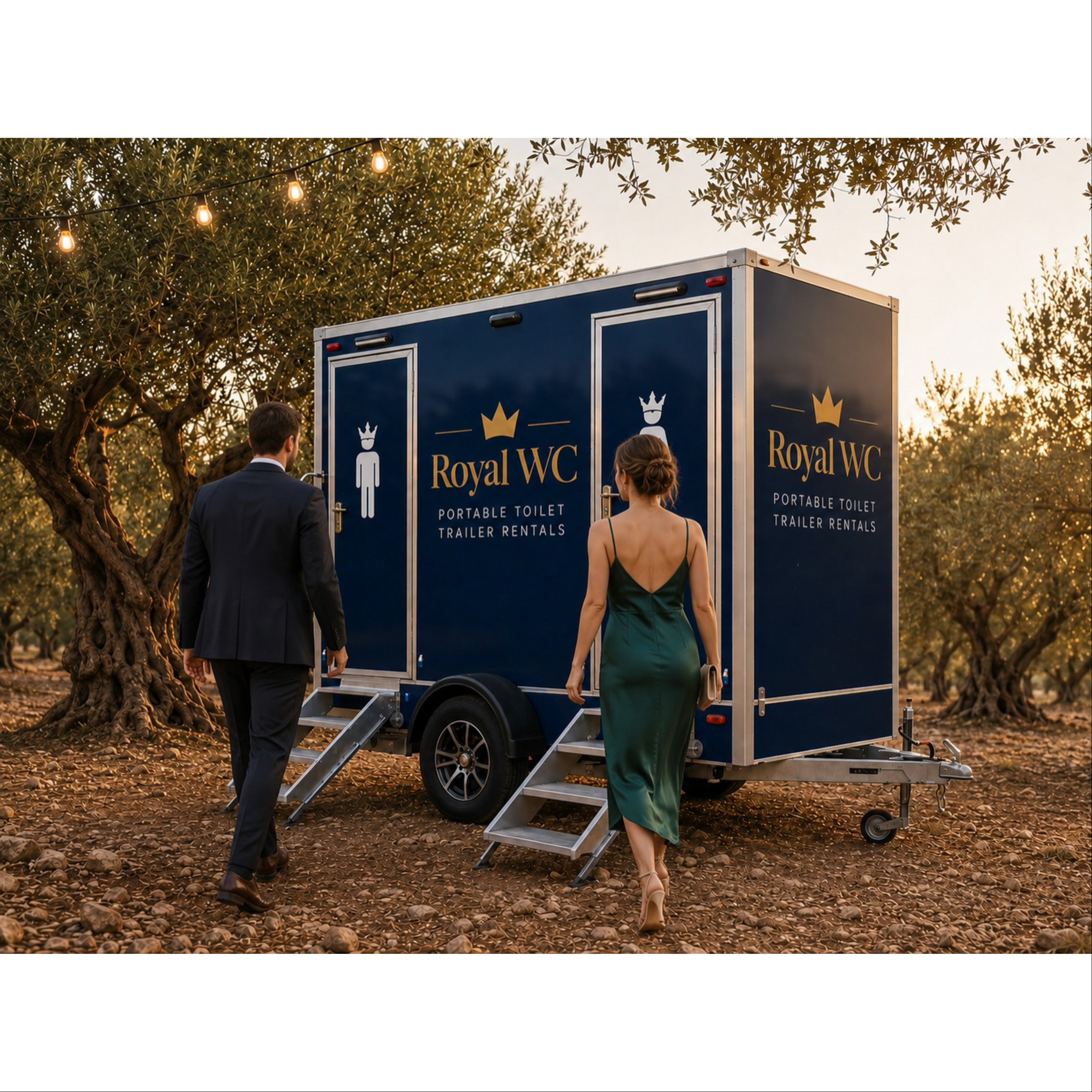 Luxury toilet trailer rentals in Crete Greece. Blue exterior with copper interior from the Estate Collection. Separate ladies' and gentlemen's facilities.