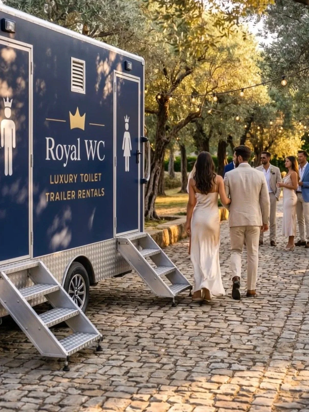 Luxury toilet trailer rentals for weddings and events in Heraklion, Crete Greece. Blue exterior restroom trailer and copper interior with air conditioning, flushing toilets, running water and full length mirrors. 