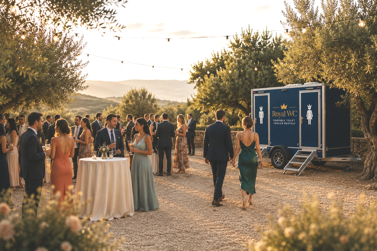 Elegant outdoor event with guests in formal attire, standing and chatting, near a mobile restroom trailer labeled 'Royal WC,' set on a gravel path with trees and scenic landscape in the background during sunset.