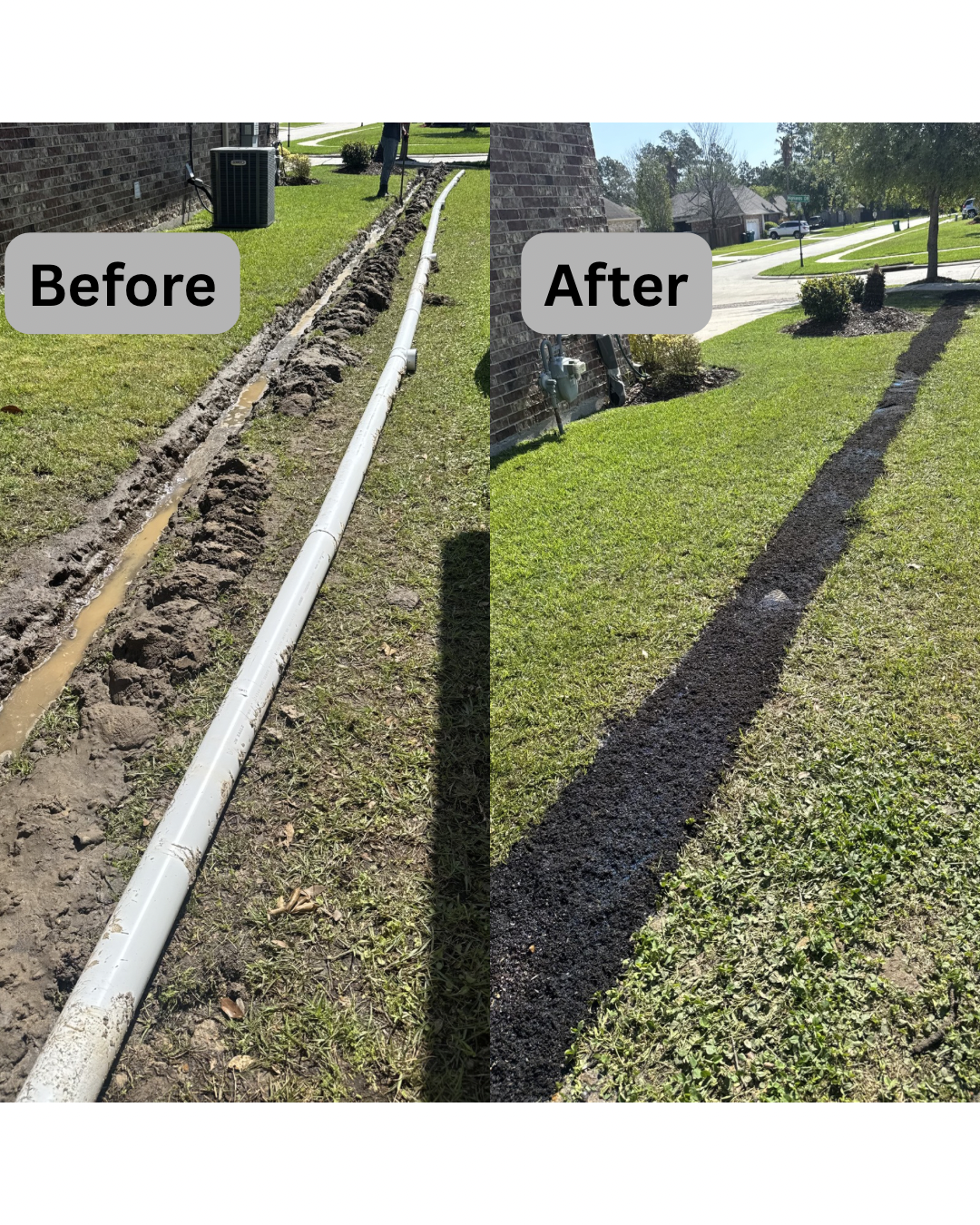 Side-by-side comparison of a backyard sidewalk and grass area before and after landscaping work. The 'Before' image shows a trench with a pipe and uneven dirt, while the 'After' image shows a cleaned, leveled, and finished pathway with gravel or asph