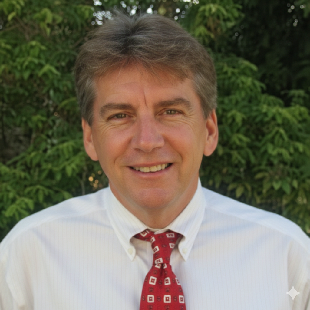A smiling middle-aged man with light brown hair, wearing a white button-up shirt and a red patterned tie, standing outdoors with green foliage in the background.