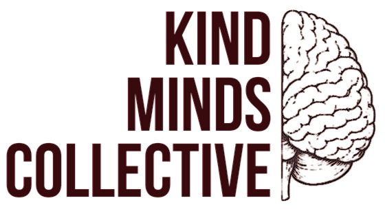 The image features the words 'Kind Minds Collective' with 'Kind' and 'Minds' stacked above 'Collective'. To the right, there is a stylized brain illustration.