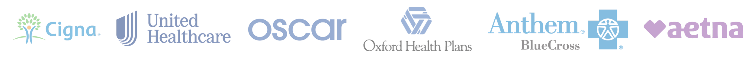 Logos of healthcare companies including Cigna, United Healthcare, Oscar, Oxford Health Plans, Anthem Blue Cross, Aetna, and others.