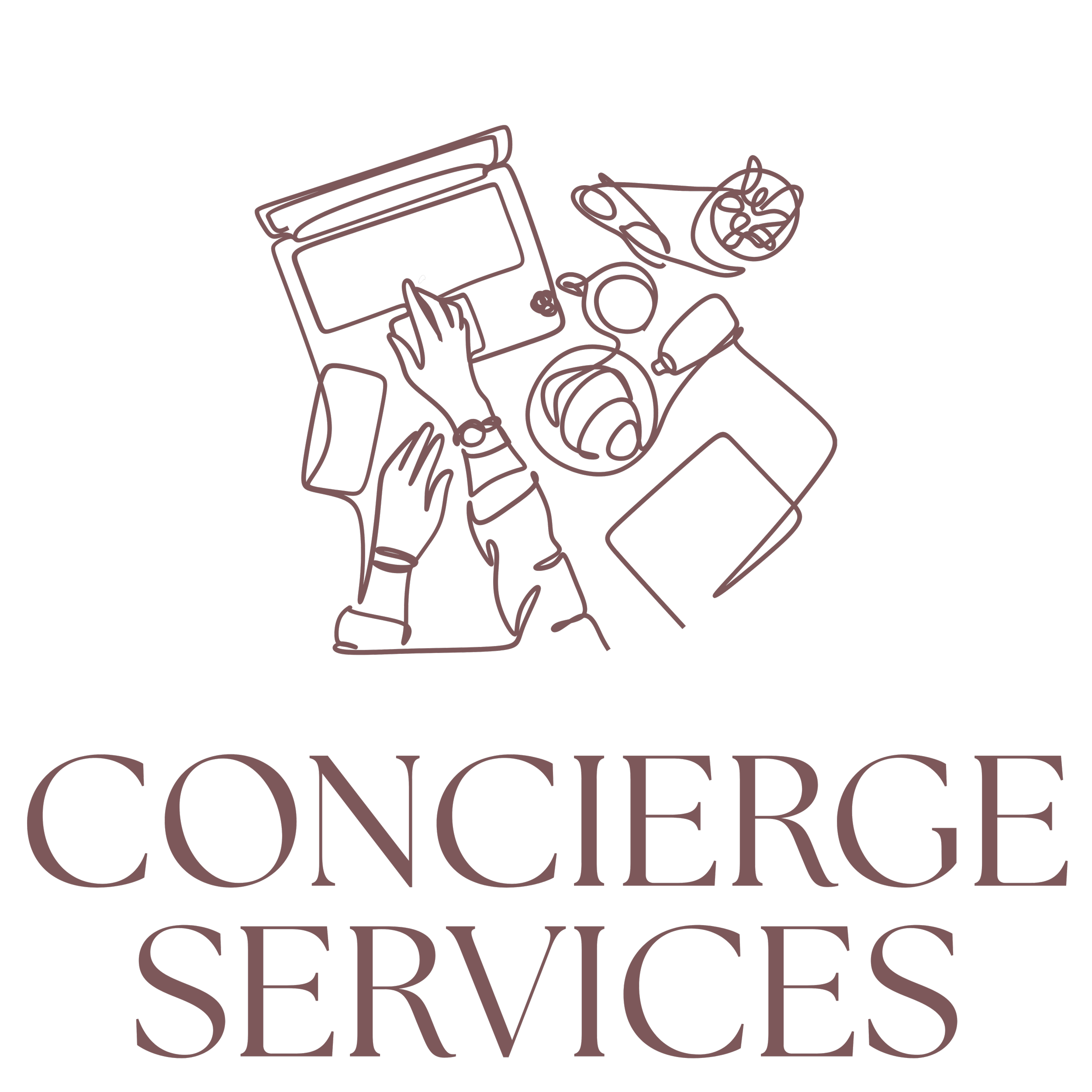 Line drawing of a table with a person using a tablet, surrounded by a bowl of fruit, a cup, a phone, and a laptop, with the words 'Concierge Services' written below.
