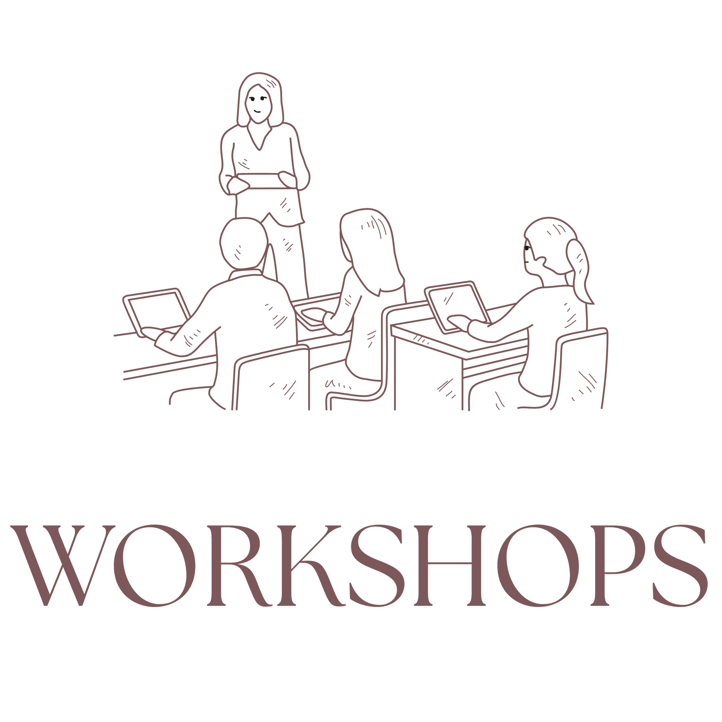 An illustration of a workshop with four people, one standing at the front and three seated with laptops, and the word 'WORKSHOPS' below.