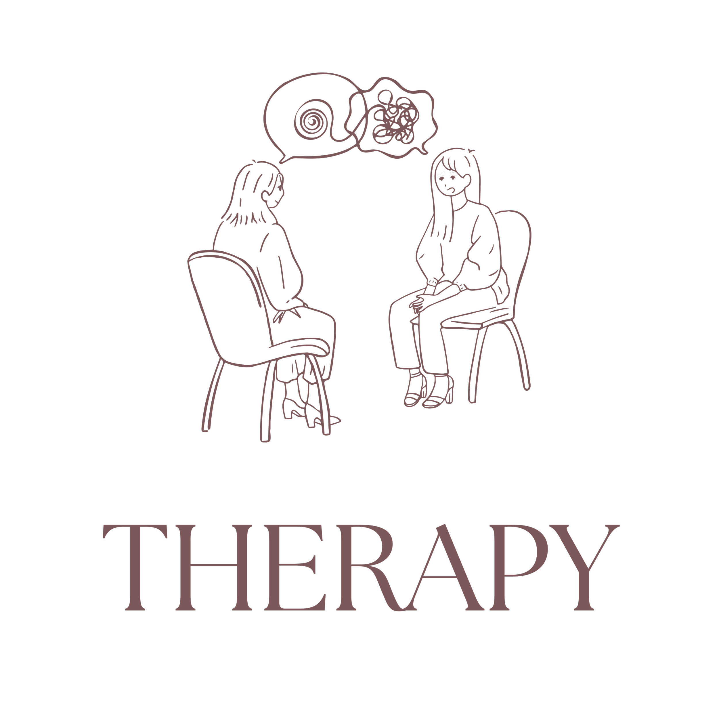 Line drawing of two women sitting on chairs, engaged in therapy, with a thought bubble containing a spiral and tangled lines above their heads, and the word 'THERAPY' at the bottom.
