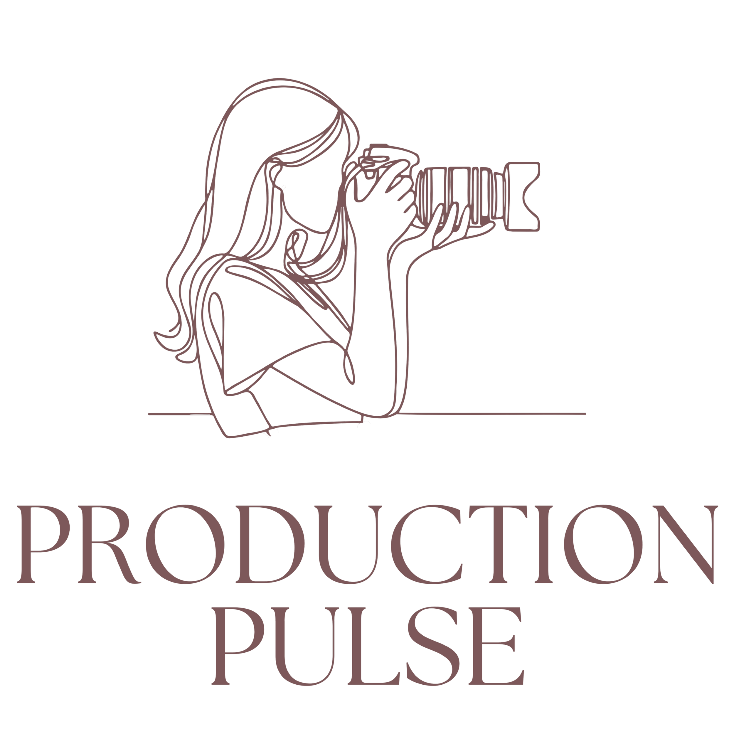 A logo with a line art illustration of a woman holding a camera, with 'Production Pulse' written below.