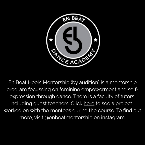 En Beat Heels Mentorship logo with black background, circular design, gray and black colors, text on image detailing the mentorship program for feminine empowerment and dance.