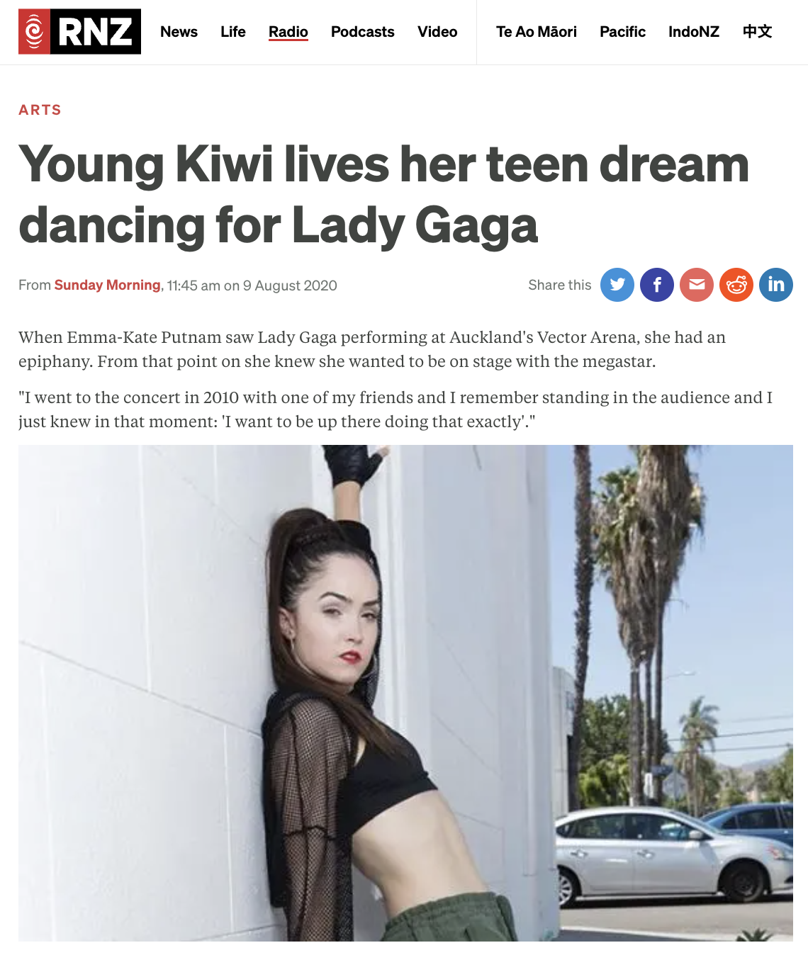 Radio New Zealand Article “Young Kiwi lives her teen dream dancing for Lady Gaga.”