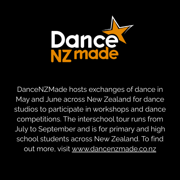 DanceNZMade logo with text explaining dance exchanges and competitions in New Zealand, including a website link.