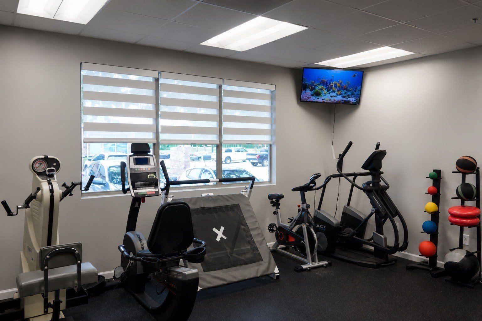 Back Wall Equipment
Performance training room with cardio equipment, free weights, medicine balls, and a mounted TV display.