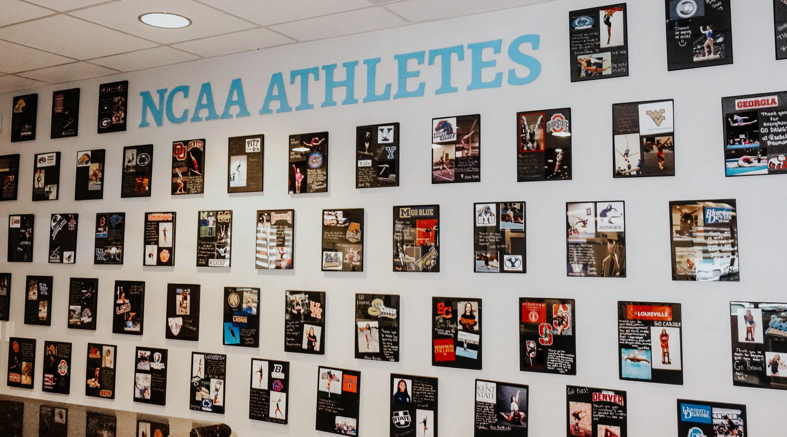 NCAA Athletes Wall
Wall display featuring framed photos and accomplishments of NCAA athletes.