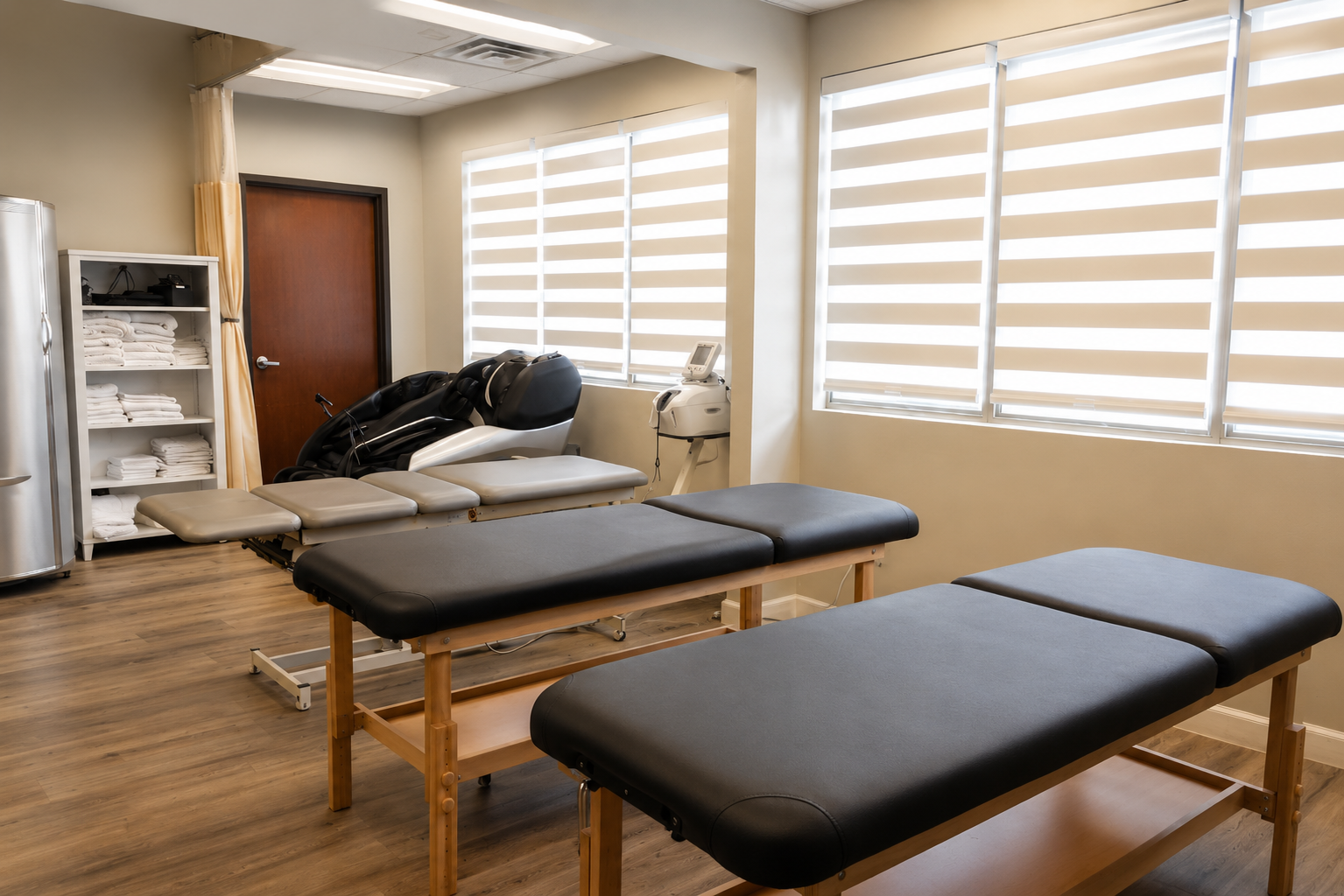 Open treatment room with therapy tables, massage chairs, shelving, and recovery equipment.