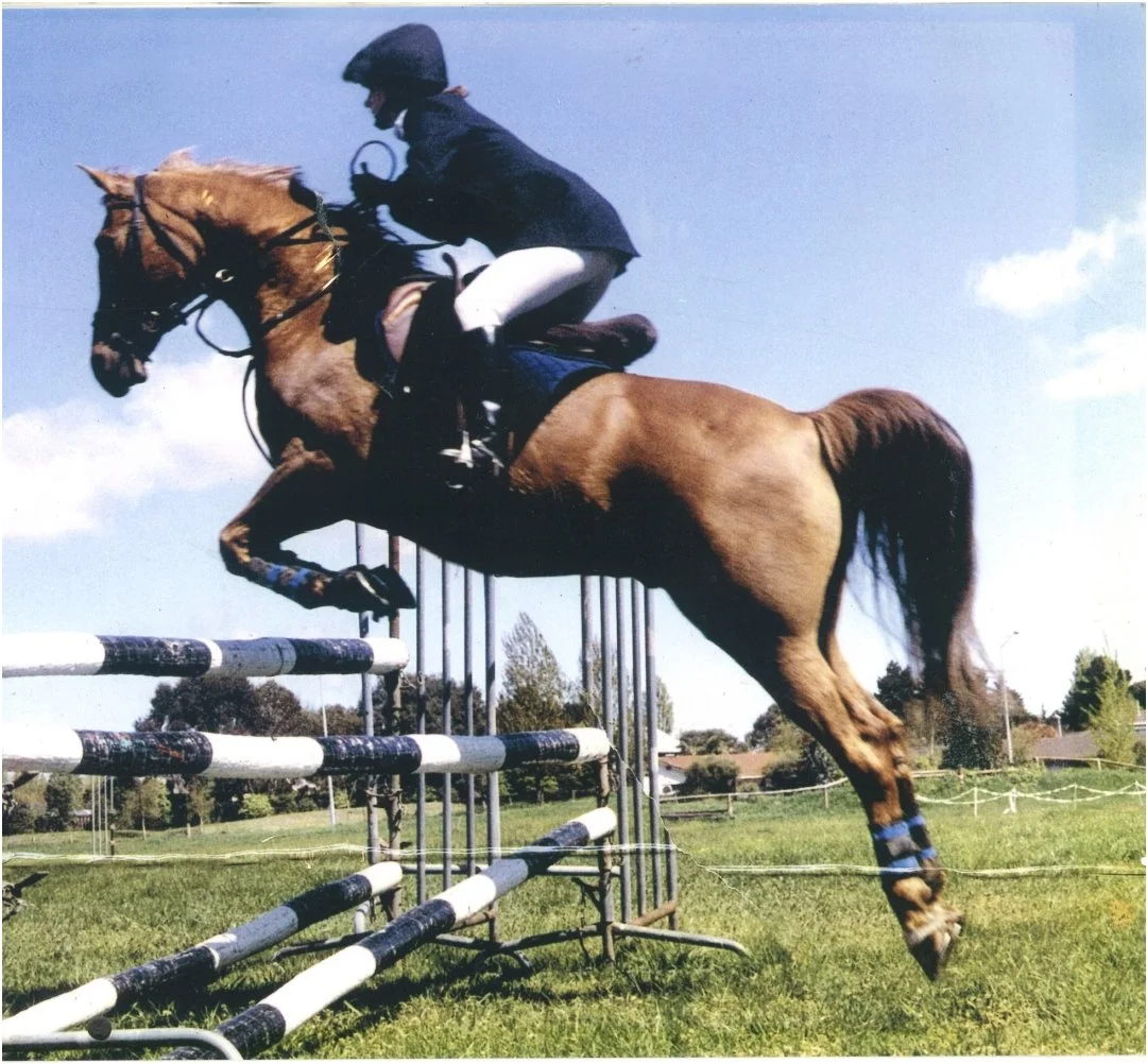 Susan and her horse jumping at an outdoor event.